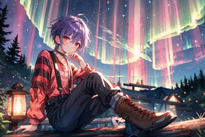 High quality, masterpiece, 1boy, sole_male, shiny ligth purple hair, dazzling red eyes, striped t-shirt with the sleeves rolled up, thick fabric pants with suspenders, camping boots, sitting on a log with a cabin behind and the light of an aurora borealis