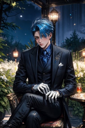 High quality, masterpiece, 1boy, sole_male, shiny undercut ligth blue hair, night_sky, butler suit, white gloves, a look of disdain, sitting at a tea table in the garden,photorealistic,1guy