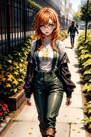 High quality, masterpiece, 1girl, shiny undercut orange hair, brigth yellow pupils, a sleeveless vest over a long-sleeved t-shirt, pants with suspenders, boots, glasses, walking through a vegetable garden