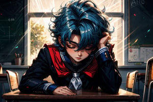 High quality, masterpiece, rayearth, 1 boy, sole male, shiny curly ligth blue hair, sailor uniform, laying his head on a classroom desk while taking a short nap, the sun's rays shining on his face, full_body