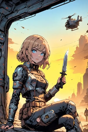 High quality, masterpiece, eyesgod, perfect light, 1girl, sole female, bright long dark blonde hair, light_blue_eyes, more detail XL, full_body, Comic Book-Style, retro military armor, sitting a futuristic helicopter, holding a knife,Comic Book-Style 2d,2d, well drawn hands