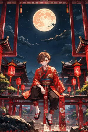 High quality, masterpiece, 1boy, sole_male, shiny brown hair on one side of the head shaved and with bangs on the other side, dazzling orange eyes, fantasy chinese martial arts clothes, sitting on a broken stone bridge with the moon lighting the place at its ease