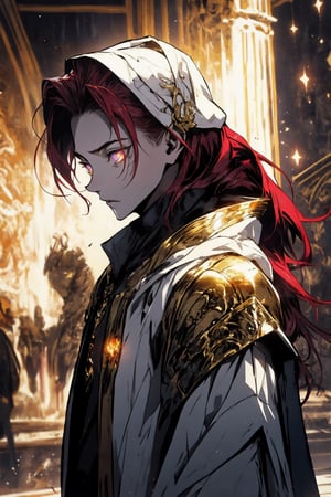 High quality, masterpiece, 1boy , solo_male, 21 year old man, long red hair, incandescent gold eyes, glowing pale whit skin,  dwarfoil, tonned body, front pose, midjourney,Male focus,feitan