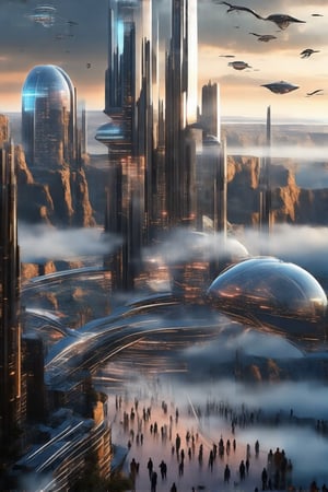 A gleaming silver flying ship with gull-wing doors open, revealing a radiant interior, soars effortlessly through the futuristic city's skyline. Fog-shrouded streets below, illuminated by moody tones, reflect off its metallic hull. In the distance, towering ant-like structures rise from the Grand Canyon floor, their glass domes and communications spires piercing the sky.

Neon lights dance across buildings as pedestrians hurry to and fro amidst towering skyscrapers. A majestic office building rises from the city's heart, its sleek design a testament to urban evolution. As night falls, the city transforms into a vibrant tapestry of lights and sounds.,futureurbannight,futureurbanday,Newcolony