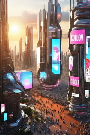 Futuristic Metropolis at Dusk: A sweeping cityscape unfolds as setting sun casts golden glow on towering skyscrapers, reflecting vibrant hues of orange and pink. Neon lights dance across pavement amidst slender poles supporting holographic ads. Crowds gather, diverse faces woven into pulsing energy, surrounded by Newcolony's stacked structures, symbolizing human innovation.,Horizontal,Stacked,futureurbannight,futureurbanday