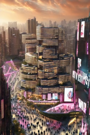 Futuristic Metropolis at Dusk: A sweeping cityscape unfolds as setting sun casts golden glow on towering skyscrapers, reflecting vibrant hues of orange and pink. Neon lights dance across pavement amidst slender poles supporting holographic ads. Crowds gather, diverse faces woven into pulsing energy, surrounded by Newcolony's stacked structures, symbolizing human innovation.,Horizontal,Stacked