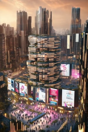 Futuristic Metropolis at Dusk: A sweeping cityscape unfolds as setting sun casts golden glow on towering skyscrapers, reflecting vibrant hues of orange and pink. Neon lights dance across pavement amidst slender poles supporting holographic ads. Crowds gather, diverse faces woven into pulsing energy, surrounded by Newcolony's stacked structures, symbolizing human innovation.,Horizontal,Stacked