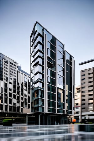 POV, DOF, A modern cityscape features a sleek, glass-fronted building standing proudly in the heart of town. The structure's vertical lines are juxtaposed with the horizontal plane of the sidewalk, creating a dynamic sense of tension. Framed by the blurred background of surrounding buildings and bustling streets, the subject takes center stage.,Vertical,Horizontal,Frames