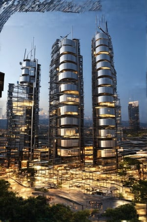 In a bold low-angle shot, the glassy façade of the New Colony's sleek building rises vertically into the sky, its sharp lines and reflective surfaces piercing through the urban void. The busy streets and surrounding buildings blur in the background, framing the subject as a beacon amidst the vibrant cityscape. Stacked windows reflect the steel giants of skyscrapers, while modern architecture meets avant-garde design.,Newcolony,Horizontal