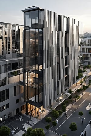 POV, DOF, A modern cityscape features a sleek, glass-fronted building standing proudly in the heart of town. The structure's vertical lines are juxtaposed with the horizontal plane of the sidewalk, creating a dynamic sense of tension. Framed by the blurred background of surrounding buildings and bustling streets, the subject takes center stage.,Vertical,Horizontal,Frames,Void,Stacked,Newcolony