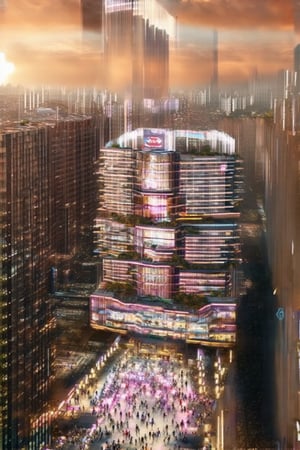 Futuristic Metropolis at Dusk: A sweeping cityscape unfolds as setting sun casts golden glow on towering skyscrapers, reflecting vibrant hues of orange and pink. Neon lights dance across pavement amidst slender poles supporting holographic ads. Crowds gather, diverse faces woven into pulsing energy, surrounded by Newcolony's stacked structures, symbolizing human innovation.,Horizontal,Stacked