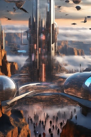 A gleaming silver flying ship with gull-wing doors open, revealing a radiant interior, soars effortlessly through the futuristic city's skyline. Fog-shrouded streets below, illuminated by moody tones, reflect off its metallic hull. In the distance, towering ant-like structures rise from the Grand Canyon floor, their glass domes and communications spires piercing the sky.

Neon lights dance across buildings as pedestrians hurry to and fro amidst towering skyscrapers. A majestic office building rises from the city's heart, its sleek design a testament to urban evolution. As night falls, the city transforms into a vibrant tapestry of lights and sounds.,futureurbannight,futureurbanday,Newcolony