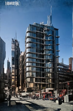 In a bold low-angle shot, the glassy façade of the New Colony's sleek building rises vertically into the sky, its sharp lines and reflective surfaces piercing through the urban void. The busy streets and surrounding buildings blur in the background, framing the subject as a beacon amidst the vibrant cityscape. Stacked windows reflect the steel giants of skyscrapers, while modern architecture meets avant-garde design.,Newcolony,Horizontal