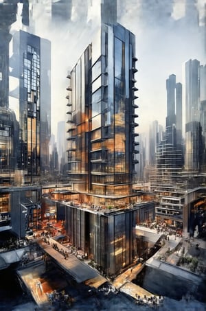 In a bold low-angle shot, the glassy façade of the New Colony's sleek building rises vertically into the sky, its sharp lines and reflective surfaces piercing through the urban void. The busy streets and surrounding buildings blur in the background, framing the subject as a beacon amidst the vibrant cityscape. Stacked windows reflect the steel giants of skyscrapers, while modern architecture meets avant-garde design.,Newcolony,Horizontal