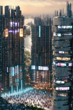 A futuristic metropolis at dusk, where sleek skyscrapers and neon-lit streets converge. Towering glass facades reflect vibrant hues of setting sun, while slender poles support holographic ads piercing the air. The atmosphere pulses with energy as diverse crowds gather, amidst a sea of towering structures and bustling streets.,Horizontal,Stacked,Newcolony