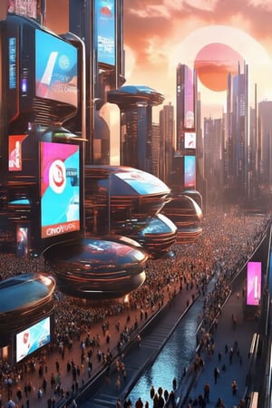 Futuristic Metropolis at Dusk: A sweeping cityscape unfolds as setting sun casts golden glow on towering skyscrapers, reflecting vibrant hues of orange and pink. Neon lights dance across pavement amidst slender poles supporting holographic ads. Crowds gather, diverse faces woven into pulsing energy, surrounded by Newcolony's stacked structures, symbolizing human innovation.,Horizontal,Stacked,futureurbannight,futureurbanday