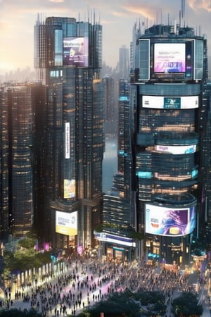 A futuristic metropolis at dusk, where sleek skyscrapers and neon-lit streets converge. Towering glass facades reflect vibrant hues of setting sun, while slender poles support holographic ads piercing the air. The atmosphere pulses with energy as diverse crowds gather, amidst a sea of towering structures and bustling streets.,Horizontal,Stacked,Newcolony