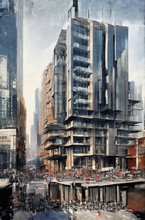 In a bold low-angle shot, the glassy façade of the New Colony's sleek building rises vertically into the sky, its sharp lines and reflective surfaces piercing through the urban void. The busy streets and surrounding buildings blur in the background, framing the subject as a beacon amidst the vibrant cityscape. Stacked windows reflect the steel giants of skyscrapers, while modern architecture meets avant-garde design.,Newcolony,Horizontal