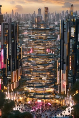 Futuristic Metropolis at Dusk: A sweeping cityscape unfolds as setting sun casts golden glow on towering skyscrapers, reflecting vibrant hues of orange and pink. Neon lights dance across pavement amidst slender poles supporting holographic ads. Crowds gather, diverse faces woven into pulsing energy, surrounded by Newcolony's stacked structures, symbolizing human innovation.,Horizontal,Stacked