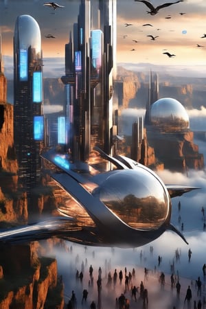 A gleaming silver flying ship with gull-wing doors open, revealing a radiant interior, soars effortlessly through the futuristic city's skyline. Fog-shrouded streets below, illuminated by moody tones, reflect off its metallic hull. In the distance, towering ant-like structures rise from the Grand Canyon floor, their glass domes and communications spires piercing the sky.

Neon lights dance across buildings as pedestrians hurry to and fro amidst towering skyscrapers. A majestic office building rises from the city's heart, its sleek design a testament to urban evolution. As night falls, the city transforms into a vibrant tapestry of lights and sounds.,futureurbannight,futureurbanday,Newcolony