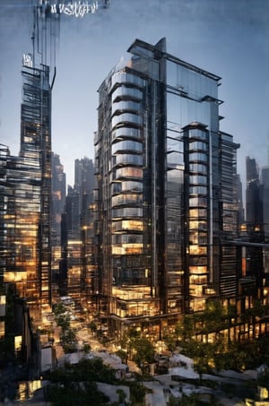 In a bold low-angle shot, the glassy façade of the New Colony's sleek building rises vertically into the sky, its sharp lines and reflective surfaces piercing through the urban void. The busy streets and surrounding buildings blur in the background, framing the subject as a beacon amidst the vibrant cityscape. Stacked windows reflect the steel giants of skyscrapers, while modern architecture meets avant-garde design.,Newcolony,Horizontal