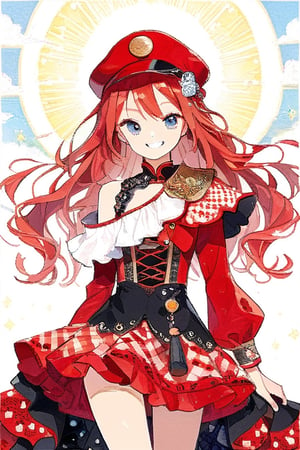
masterpiece, best quality, aesthetic, 
//Character
1girl, (beautiful eyes:1.0), big eyes, deailed eyes, drill red hair, 
(smile:1.3)
//Fashion 
(one shoulder wrap onepiece:1.3), Fez Hat, 
Blue Gingham, brocade pattern, Zigzag, Jacquard, Inlay, Kilt, 
Frill, Ruffle, Embroidery, Suede, Tassel, Sequin, 
sunshine, 