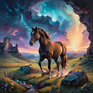 A horse came from a distance, carrying a huge comma, a fantasy scene. As twilight descends over a mystical meadow, a horse emerges from the shadows, its form partially obscured by the fading light, a sense of enchantment and mystery enveloping the scene, surreal rock formations jutting out in the background, illuminated by a soft ethereal glow, capturing the essence of a magical realm where reality blends with imagination, rendered in a painterly style that evokes the emotions of a hauntingly beautiful dreamscape.