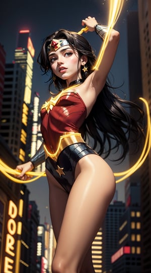 Generate a rough oil painting of Wonder Woman gracefully swinging through the gaps between skyscrapers (at night), using her Lasso of Truth as if she were Spider-Man. The golden glow emanating from the Lasso of Truth illuminates the scene like fluorescent lights. Capture her in a dynamic and stylish pose, reminiscent of Frank Miller's Sin City style. (field of depths,boheh backdrop),leonardo,wonder_woman,Uniform