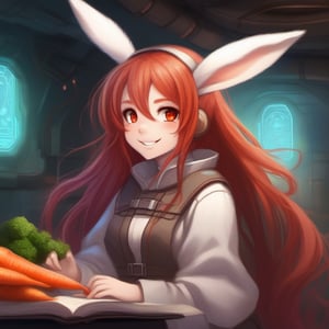 ,bunnytech ,   fluffy ,  carrots,  scifi, scholar , scroll, 1girl,long hair, red hair, glowing eyes, smile ,closed mouth, 