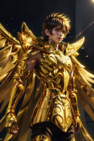  (extremely detailed CG unity 8k wallpaper, masterpiece, best quality, ultra-detailed), a male anime character with golden armor on in a picture showing his outfit, 1boy, solo, full body, gold armor, male focus, armor, solo, zoom layer,Sagittariusarmor