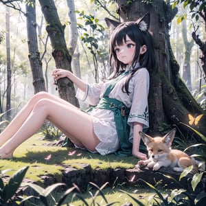 In this delightful tensor art scene, a fox girl is enjoying a playful and restful moment. She's nestled in a cozy and serene forest clearing, surrounded by tall, ancient trees that create a natural canopy. Sunlight filters through the leaves, creating a warm and inviting atmosphere.

The fox girl is depicted with a content expression on her face, and her bushy fox tail curls around her as she lies on her side. In her paw, she holds a soft, fluffy plush toy, her playful companion in the forest. She appears to be in a state of serene playfulness and relaxation.

The forest floor is covered with a lush carpet of moss and fallen leaves, providing a comfortable spot for her nap and play. Birds and butterflies flit through the air, adding to the tranquility of the scene.a fox girl is gracefully walking through a serene forest. The ancient trees create a natural canopy overhead, allowing dappled sunlight to filter through the leaves. The atmosphere is one of tranquility and connection with nature.

The fox girl's steps are light and graceful as she moves among the mossy forest floor. Her fluffy tail sways with each step, adding to the sense of elegance and grace in her movements. She appears deeply connected to the environment around her, as if she's a part of the forest itself.

Birds and butterflies fill the air, adding to the natural beauty of the scene. The forest is a haven of peace and wonder, and the fox girl's presence enhances its beauty.