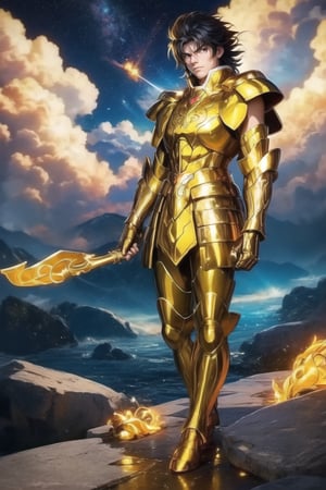 (Extremely detailed CG uniform 8k wallpaper, masterpiece, best quality, super detailed), a male anime character wearing golden armor, in a picture showing his outfit, 1boy, golden armor, male focus, handsome face , dark blue wavy hair, armor, solo, zoom layer, Gemini armor cloud, trending on Artstation, fantasy00d, Saga