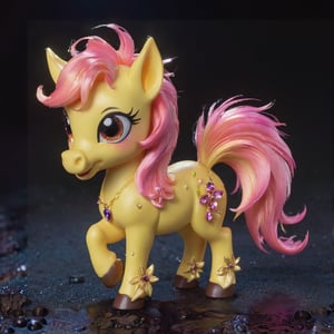 A cute yellow pony came from a distance, dragging a huge comma, a fantasy scene. The pony is in a kawaii style, with a big head and a small body. The picture highlights the comma’s extreme details and textures, giving off a Pink light. The best quality, great work, extreme details, 8K, pleasing scenes, exaggerated images that are unforgettable.