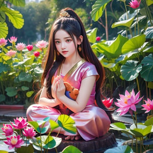 Best quality, extreme details, masterpiece, 8K wallpaper, official art, a pious cute little girl praying in front of the Buddha statue, Stained Glasses Style 24K Gold Thai style Buddha Sitting Image on Pink-Fuchsia Lotus colours, Green Lotus leaf Round Sublimation,Backdrop is Blue-Beroy Shiny skin minimalistice, unsuuuninouna ngwauaHyper-Vivid, Hyper-RealisticeHi-resolution Bokeh 3d Premium Watercolours Paintings Instant Downloads