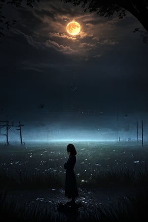 high quality, 8k, On a dark night, a young girl stood beneath a large tree. The sound of rain hitting the ground echoed all around. She looked up at the moon hanging in the sky, feeling that it only made her lonelier and more desolate. Every drop of rain that fell mixed with the tears streaming down her cheeks, as if the sky was crying with her.

Her life at this moment was filled with misery and suffering. She felt abandoned by the whole world, with no one to turn to and no one who understood. The sadness and loneliness in her heart overflowed to the point where she couldn't bear it anymore. Thoughts of ending her life entered her mind repeatedly.

She stood trembling in the rain, trying to find meaning in a life that seemed to have no way out. The moon continued to cast its gentle glow, but for her, it felt like a mockery. She stood still, sobbing quietly in the embrace of the darkness and the cold of an endless night.