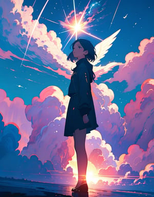 Masterpiece, Top Quality, High Definition, Artistic Composition, 1 Girl, meteorite, Looking Up To Heaven, angel, Wide Sky, Striking Sky Color, Many Lines Of Light Falling From The Sky, Wide Shot, Majestic Nature, Fantastic, Dramatic,portrait,pastelbg,EyepatchBikiniDef,<lora:659111690174031528:1.0>