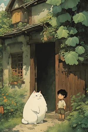 little boy standing next to cute fat cat,black hair,long hair, summer day, symmetry face, niji style, ghibli style