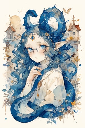 illustrations,Simple minimum art, 
myths of another world,
pagan style graffiti art, aesthetic, sepia,Imagine a majestic cute blue snake with glassesThe serene and sacred atmosphere,
watercolor \(medium\),jewel pet,Deformed,furry girl