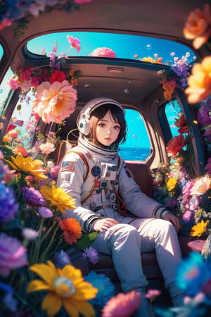 The interior of an old car, many beautiful blooming flowers, the car covered with plant vines, the interior of the car, aastronaut  sitting in the car, the car is sunk at the bottom of the sea, beautiful flowers and coral reefs, many jellyfish surround the astronaut, flower car, in car,anime,underwater,emo,astronaut_flowers