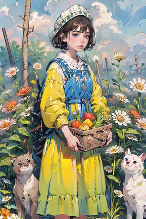 A medieval girl in traditional dress, vegetables and fruits, at a farmer's market, mysterious medieval, masterpiece,High detailed,watercolor,simplecats,swedish dress