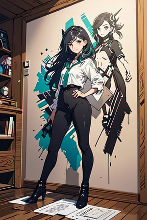 2D, (Akali from League of Legends, picture on the wall, full body, solo: 1.5), casual outfit, vibrant, detailed, close up, very attractive, show tongue, sport figure, abstract, masterpiece, high quality, , (blended black and white and emerald hair:1.3), bright blue eyes, splatoon colors, dynamic pose, graffitiStyle,,lady & rayograph,,,victorian vision,.retro glam,,surreal,in the style of vargas,sparkles,Auguste Renoir ~ Paul Peel ~ John Singer Sargent ~ Alexandre-Jacques Chantron ~ John William Godward ~ John William Waterhouse ~ Han-Wu Shen ~ Ishitaka Amano ~ Chakrapan Posayakrit ~ Kim Jung Gi ~ Kei Mieno ~ Ikushima Hiroshi ~ WLOP ~ William-Adolphe Bouguereau ~ Alphonse Mucha ~Luis Royo ~ Range Murata ~ Jock Sturges photography ~ David Hamillton photography ~ Rustic Sketchbook Style, Sketch Book, Hand Drawn, Dark, Gritty, Realistic Sketch, Rough Sketch, Mix of Bold Dark Lines and Loose Lines, Bold Lines, On Paper, Turnaround Character Sheet, Natural Light, Dynamic, Highly Detailed, Watercolor Painting, Watercolor Paper, Artstation, Concept Art, Smooth and Crisp, Sharp Focus, Illustration, Goth girl 