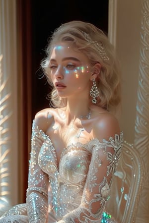 A stunning 20-year-old beauty, adorned with luxurious jewelry featuring precious stones, sits majestically on a ornate balcony, surrounded by warmth and radiance. Her short, wavy platinum blonde hair frames her healthy porcelain complexion, as she wears an exquisite off-shoulder airy gown made of delicate lace and sparkling gemstones that refract the warm light. The intricate patterns embroidered on the dress shimmer like moonlight, casting a mesmerizing glow. Softly lit, the atmosphere amplifies the magnificence of this regal vision, where modern royalty or nobility is redefined.