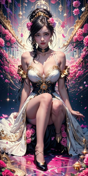 (masterpiece,  best quality,  highres:1.3),  ultra resolution image,  (1girl),  (solo),  black hair,  very_large_hair,  light_purple_eyes, magazine style,pigtails in her hair with pink bows, a big rose in her hand, a luxurious white dress with gold, a pink choker with white lace, sitting on a giant pink diamond, black background,fluffy dress, whole body, full body shot, high heels