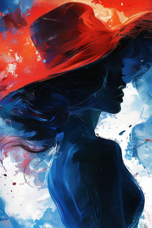 A woman wearing a wide-brimmed hat, gorgeous colors, the woman's hair breaks into small pieces and turns into powder as it moves away from her head, the abstract red background and fantastic blue gradient add to the mysteriousness, the heavy and unstructured thick brush strokes beautifully express the portrait of a woman,