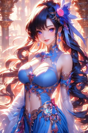 busty and sexy girl, 8k, masterpiece, ultra-realistic, best quality, high resolution, high definition,1girl, solo, long hair, breasts, looking at viewer, blush, smile, bangs, blue eyes, large breasts, black hair, hair ornament, dress, ribbon, cleavage, bare shoulders, jewelry, very long hair, purple eyes, hair ribbon, flower, sidelocks, multicolored hair, cowboy shot, earrings, parted lips, detached sleeves, sleeveless, hair flower, white dress, covered nipples, lips, covered navel, arms behind back, pelvic curtain, blue flower