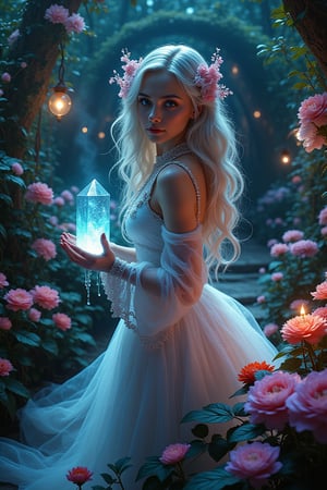 Cinematic style, realism, cinematic quality, 
close-up, ((glowwave)) visuals, bright colorpop, cinematic lighting, hypermaximalist, extremely detailed with rich color, An image of a beautiful woman, 
dressed in an ethereal gown and adorned with flowers, standing at the center of a lush garden. In her hand, she holds a glowing crystal that emits a soft light, 
illuminating her and the surrounding area. As if by magic, the flowers around her are blooming in vivid colors, creating a mesmerizing display that is both surreal 
and breathtaking,Gorgeous, beautiful, multicolored hair, blue eyes, excentic,  Ben Bauchau, Michael Garmash, Daniel F Gerhartz, Clint Cearley, Carne Griffiths, Jean Baptiste Monge, strybk style, warm dreamy lighting, matte background, volumetric lighting, pulp adventure style, fluid acrylic, dynamic gradients, bold color, illustration, highly detailed, simple, smooth and clean vector curves, vector art, smooth, johan grenier, character design, 3d shadowing, fanbox, cinematic, ornate motifs, elegant organic framing, hyperrealism, posterized, masterpiece collection, bright lush colors, TXAA, penumbra, alcohol paint, wet gouache, ultrarealistic, film grain, surreal, moody, ethereal fantasy, amazing depth, cinematic film still, sharp focus, (James Christensen),bohemian,Boho gypsy, Gustav Klimt, (Anne Bachelier:1.2), (Lillian Bassman, Erwin Blumenfeld),shabby chic,, 1920s retrofuturism, industrial, art deco, coherent, (Dieselpunk:1.3)sparkles,in the style of vargas