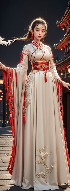 1girl, 23yo Taiwanese beauty, solo, cool, looking at viewer, brunette, hair accessory, long sleeves, holding, blue eyes, jewelry, closed mouth, standing, cowboy shot, earrings, outdoor, sky, clouds, from below, nail polish, red lips, belt, night, glow, chain, forehead mark, gorgeous Hanfu, tassels, red nails, smoke, lantern, white python, magic, East Asian architecture, high bun, pagoda