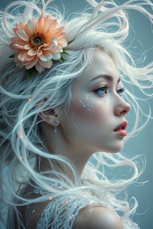 A (((full body shot))) of a (((stunning  albino woman))) whose white hair ((flows gracefully)), blending with the (((softly swirling petals))) of a (pastel coloured  flower) that gently twirls around her form,  her eyes drawn with ultra-detailed long lashes, that captures the essence of natural beauty and elegance, close up 1.3. lady & rayograph,,,victorian vision,.retro glam,,surreal,sparkles,