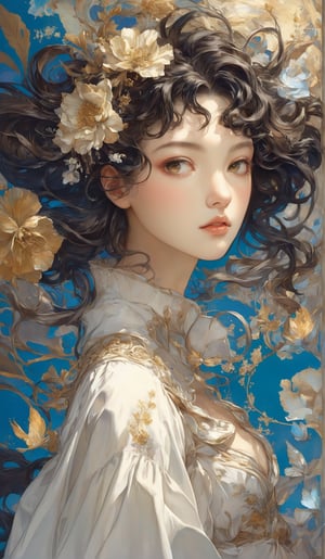 close-up, A surrealistic digital illustration depicting a young woman looking at the camera, her hair seamlessly merging with whimsical floral patterns and abstract swirls. The composition features large, soft flowers in shades of vibrant colors, cream, and gold that flow into the dynamic movement of her cascading hair. Her serene expression adds a sense of tranquility to the scene, while the fine details in the petals and flowing shapes create a harmonious blend of organic and artistic elements, stylize 1000,Auguste Renoir ~ Paul Peel ~ John Singer Sargent ~ Alexandre-Jacques Chantron ~ John William Godward ~ John William Waterhouse ~ Han-Wu Shen ~ Ishitaka Amano ~ Chakrapan Posayakrit ~ Kim Jung Gi ~ Kei Mieno ~ Ikushima Hiroshi ~ WLOP ~ William-Adolphe Bouguereau ~ Alphonse Mucha ~Luis Royo ~ Range Murata ~ Jock Sturges photography ~ David Hamillton photography ,sparkles,,surreal
