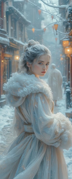 Snow-kissed beauty strides forward, gaze locked on the viewer as she glances over her shoulder. Framed by a warm glow from nearby lanterns, her porcelain complexion and rosy cheeks radiate amidst the winter wonderland's serene silence. In the background, a white--robed scholar navigates the ancient city's cobblestone streets, wisps of fog swirling around him like ethereal whispers..retro glam,,surreal,sparkles